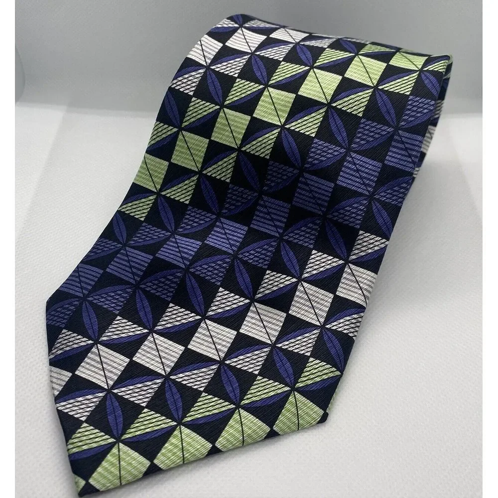 Carlos Devenezia Roma Barcelona 100% Silk Tie Green Blue Squares Men's Hand Made